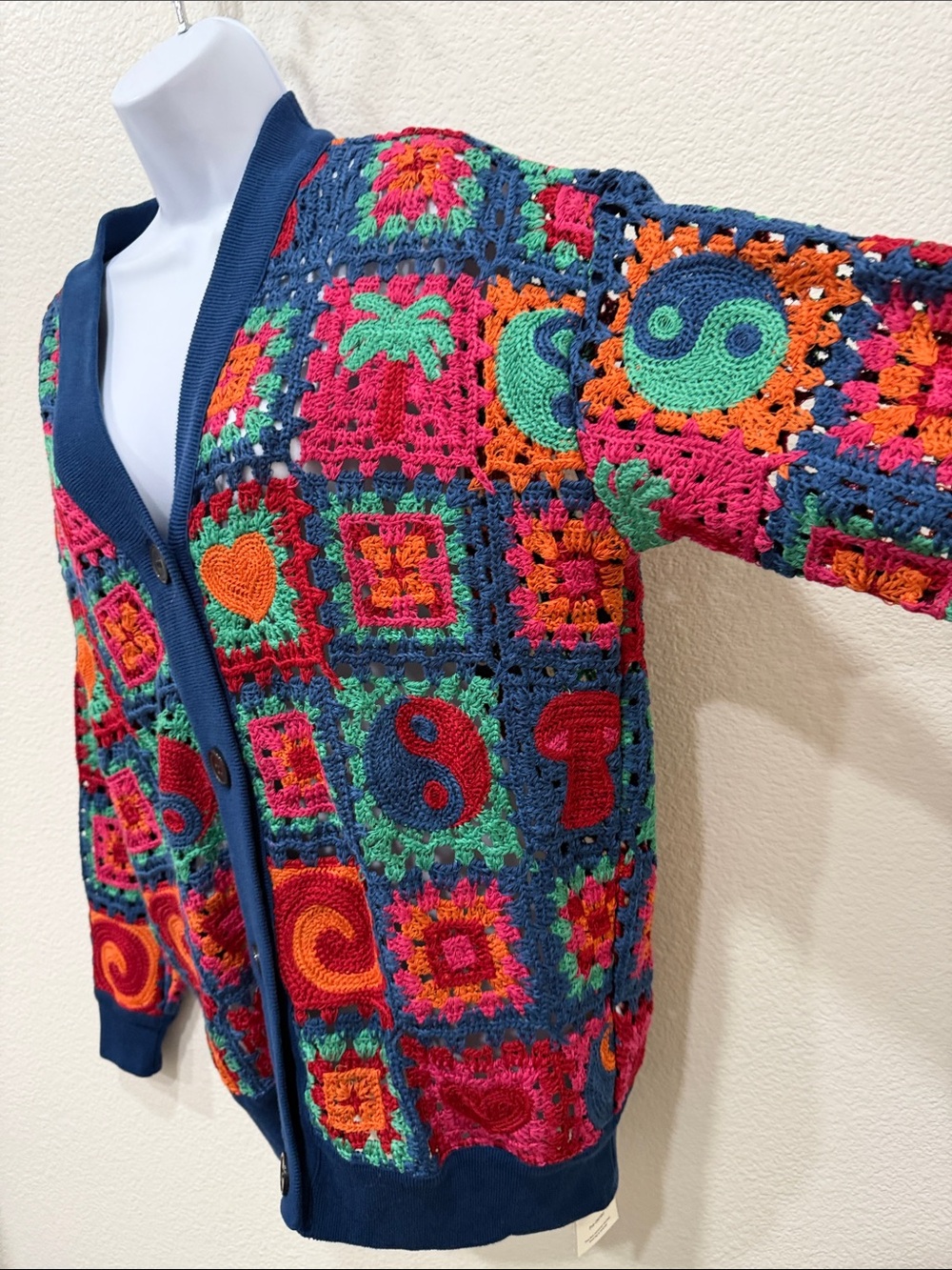 FARM Rio Multicolor Crochet Cardigan with Navy Trim - Picture 4 of 8